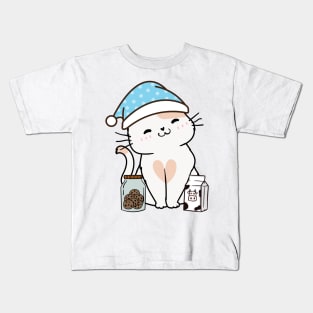 Funny white cat is having a midnight snack Kids T-Shirt